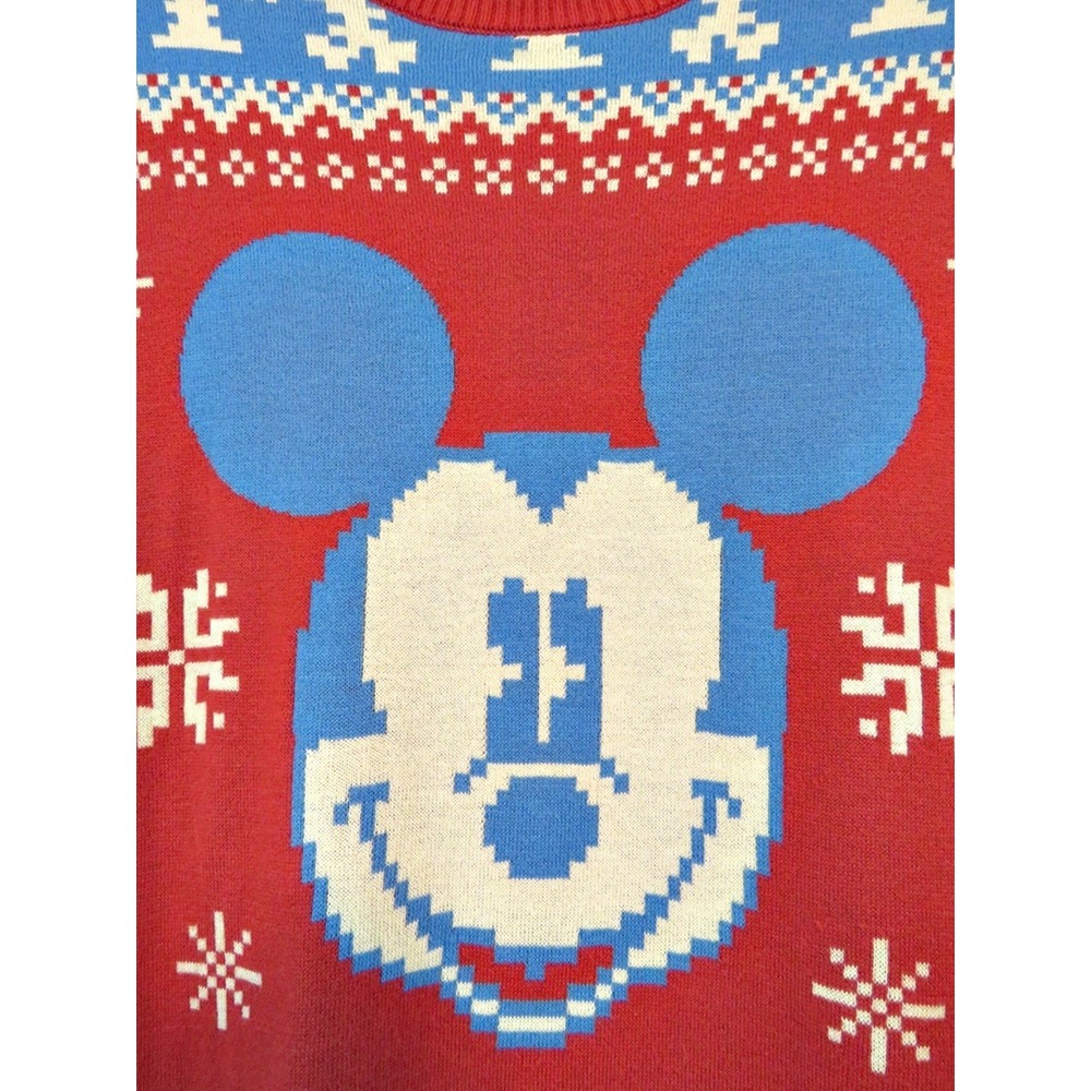 Disney Mickey Mouse Holiday Christmas Sweater Red Isle Knit Pattern Size Large - Picture 3 of 9